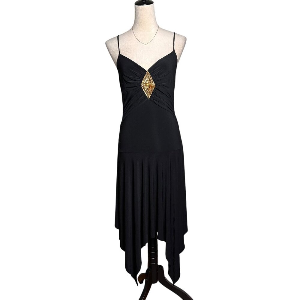 Blush Black Beaded Sequin Asymmetrical Slip‎ Dress L | Y2K Glam Cocktail Midi